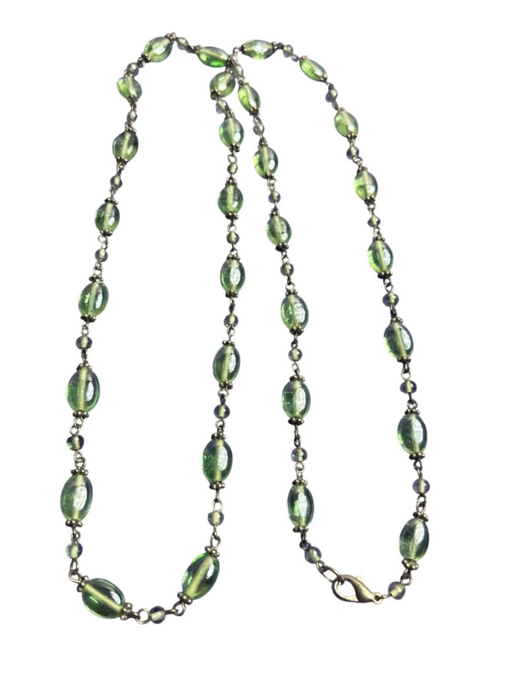 Artisan Green Glass Beaded Silvertone Chain Necklace Lobster Clasp 35 inches